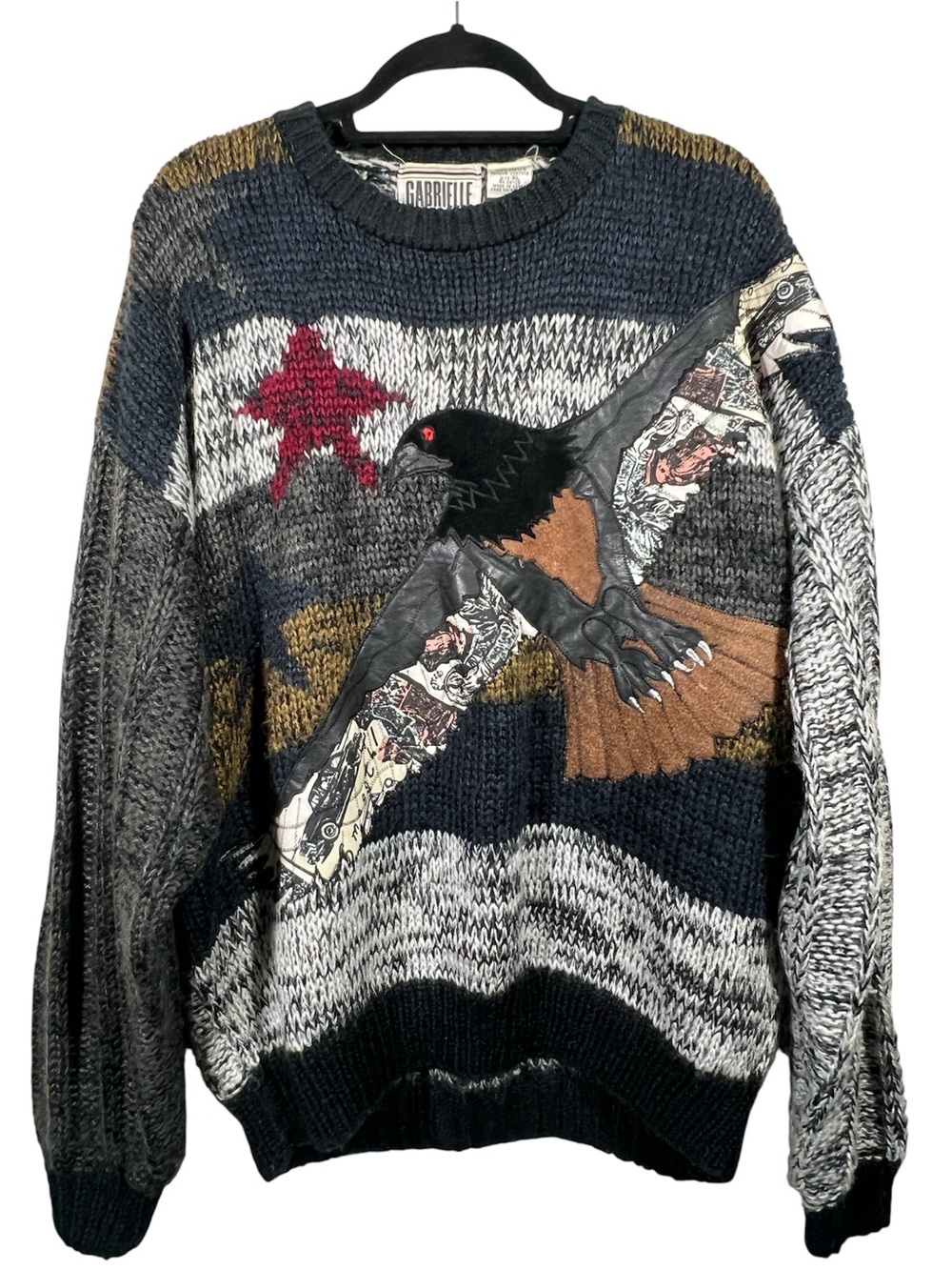 Vintage Sweater Gabrielle 80s Raven/Crow Leather Trim Chunky Men's XL